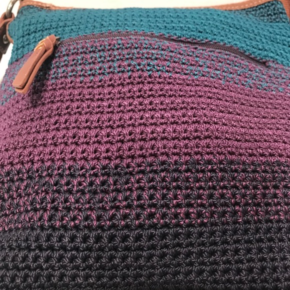 The Sak Crochet Shoulder Bag Teal Purple Black Leather Trim Tassel Crossbody - Picture 16 of 16